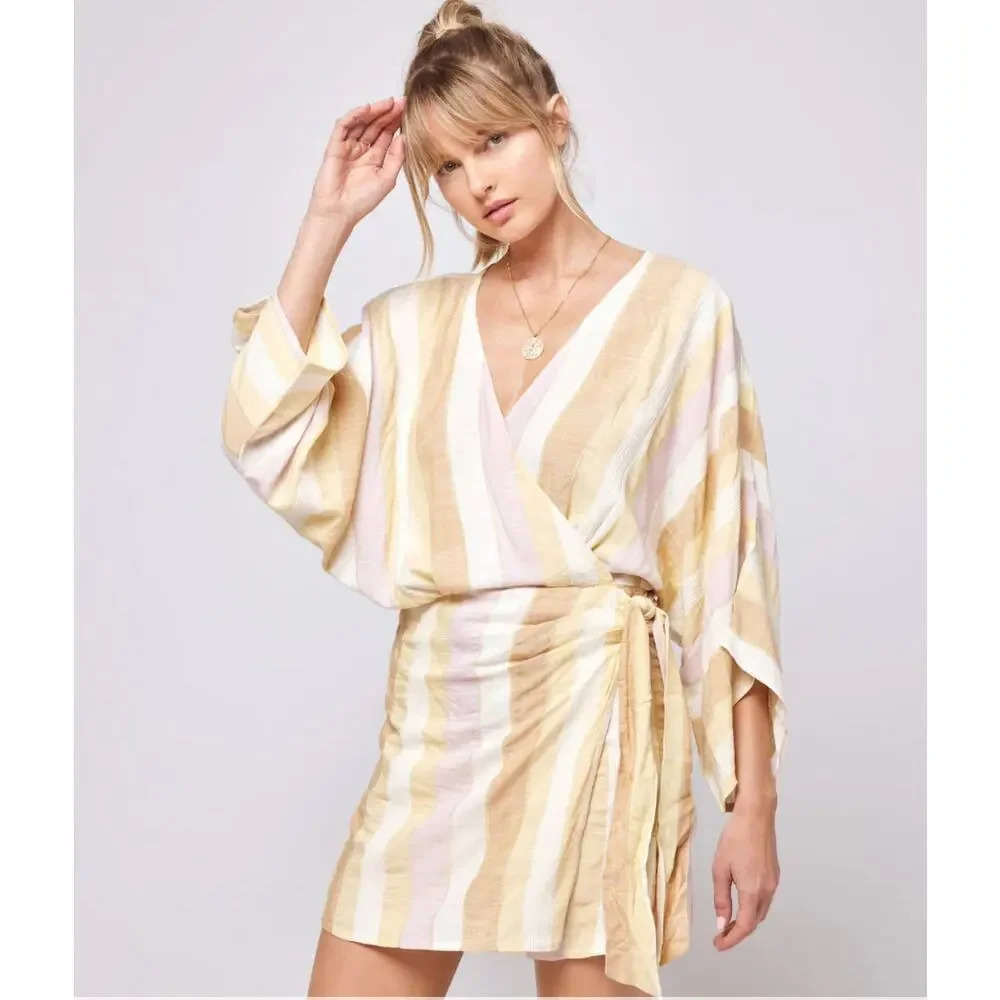 L Space Pfeiffer Wrap Dress Golden Days Stripe Metallic Size XS